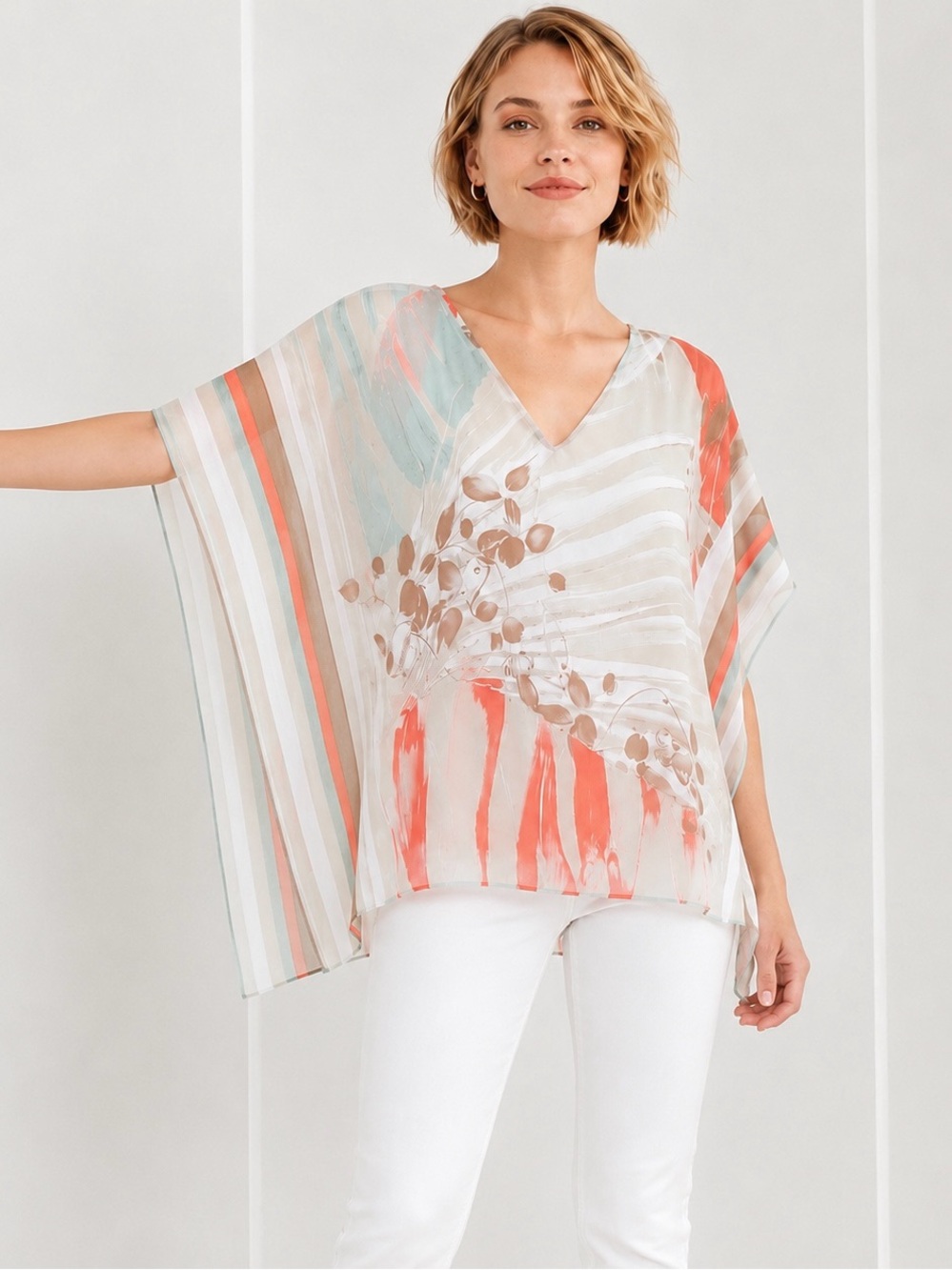 CHICO’S Chiffon Poncho V-Neck 3/4 Dolman Sleeves Pull-Over